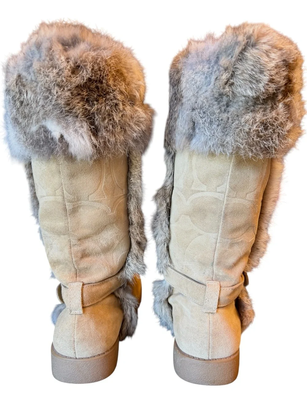COACH Deeann Signature Embossed Beige Suede Rabbit Fur Trim Women’s Boots 7-1/2